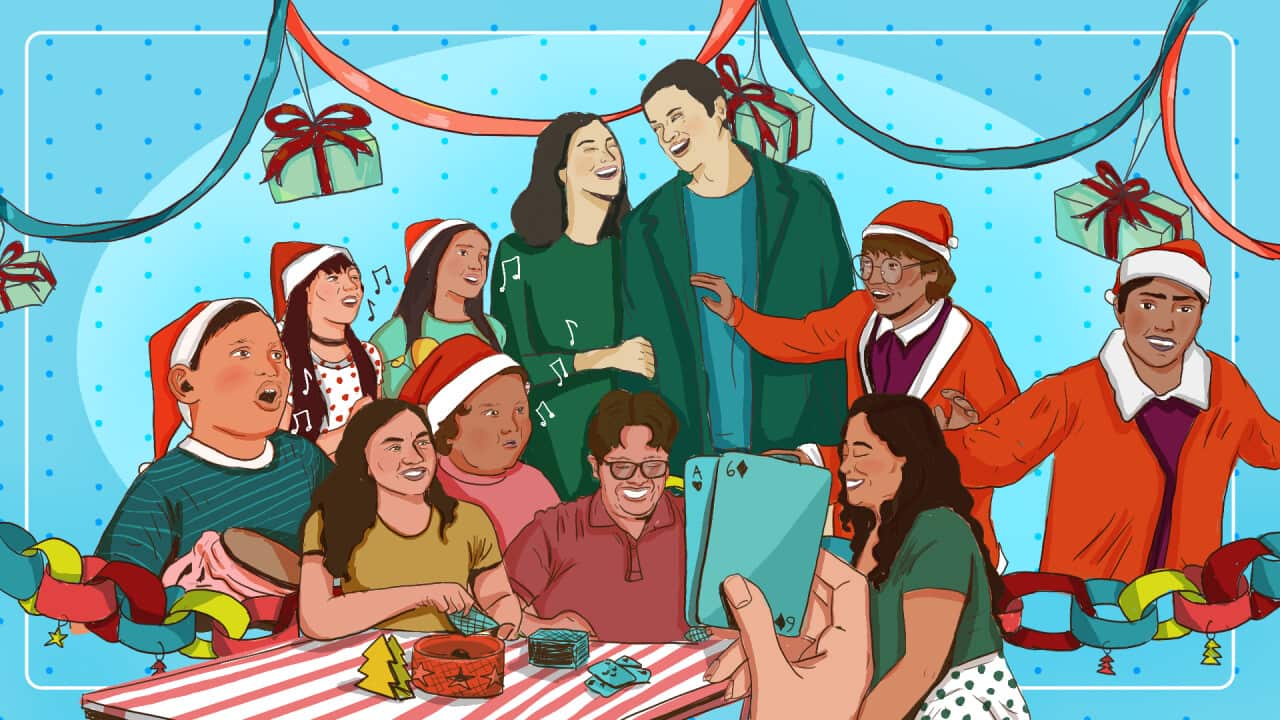 A stylised, colourful graphic of a couple standing in the centre, surrounded by a group of people, most of whom are wearing Santa hats, some are sitting at a table, with a hand holding playing cards in the foreground. There are Christmas decorations hanging in the background.
