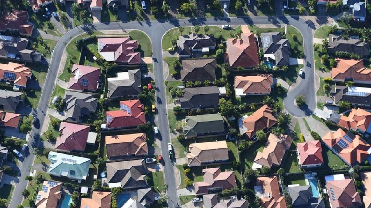 An aerial view of residential housing
