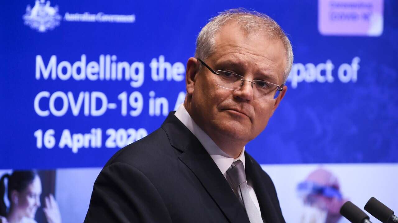 Australian Prime Minister Scott Morrison speaks to the media during a press conference at Parliament House in Canberra, Thursday, April 16, 2020. (AAP Image/Lukas Coch) NO ARCHIVING