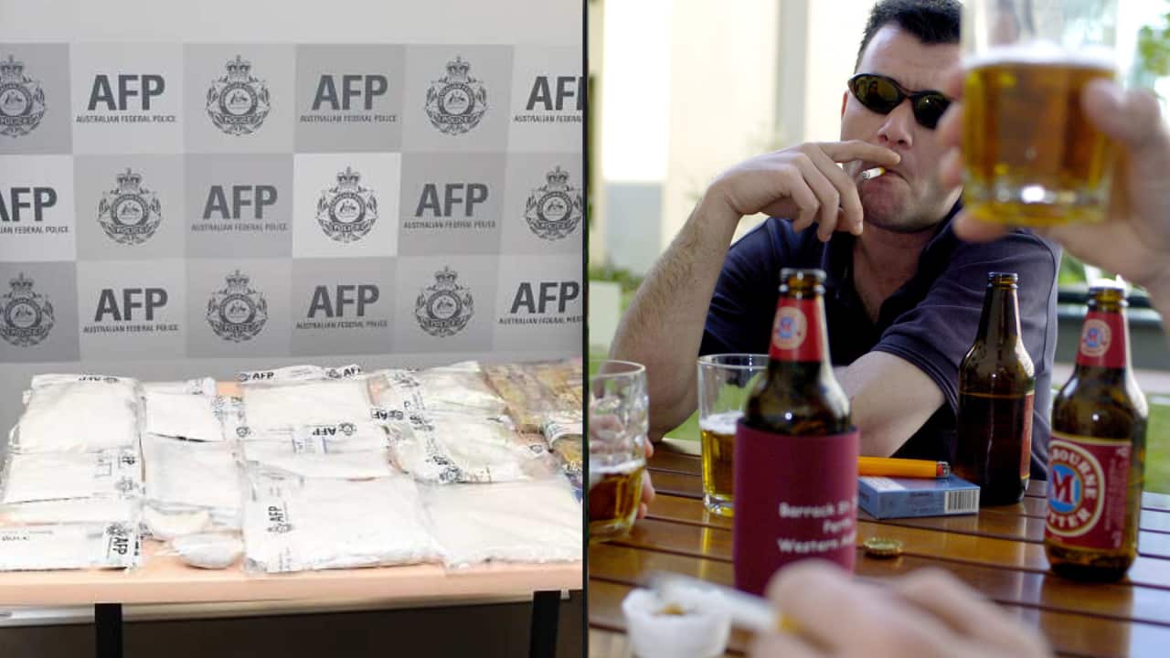 A composite image shows powder-form drugs seized by the AFT laid out on a table on the right and on the left a man smoking with a table full of beer bottles.