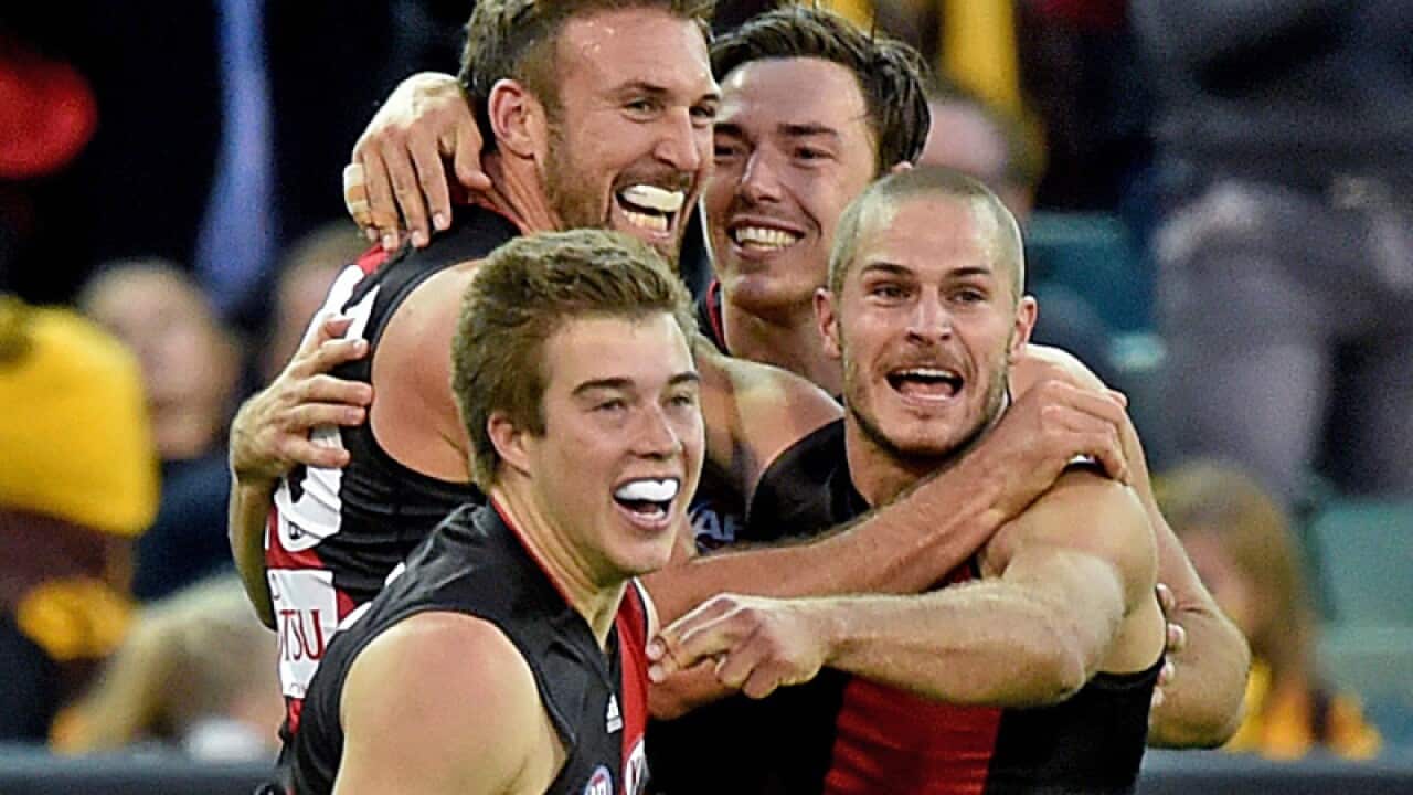 Essendon players celebrate.