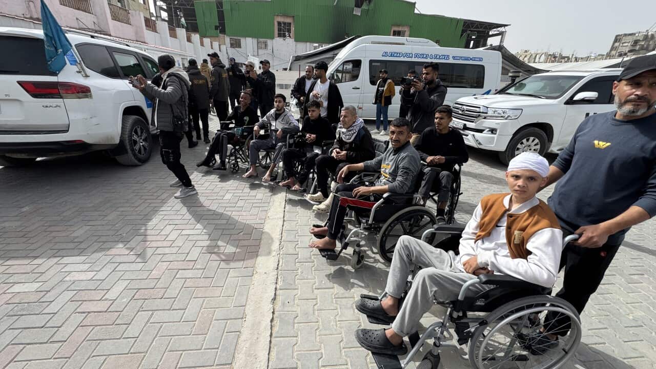 A group of men in wheelchairs waiting with trucks around them.