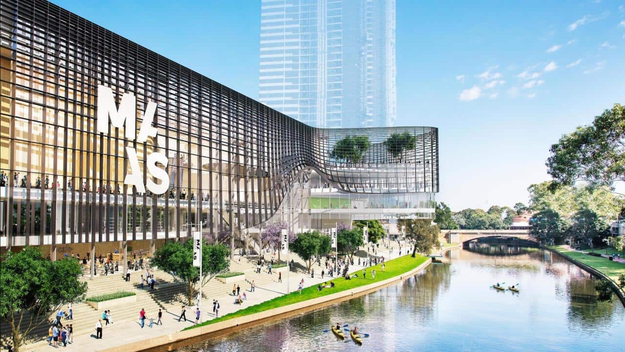 NSW government depiction of the proposed Powerhouse Museum on the banks of the Parramatta River.
