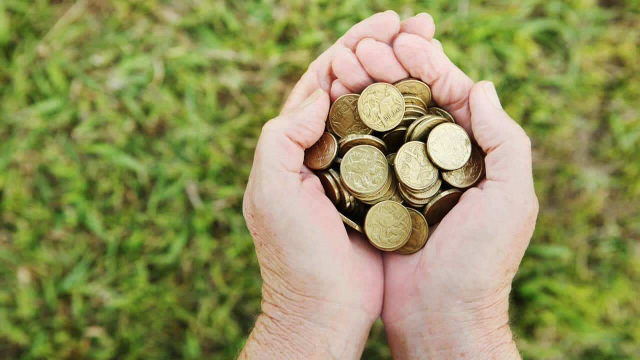 Hands holding Australian dollar coins over grass