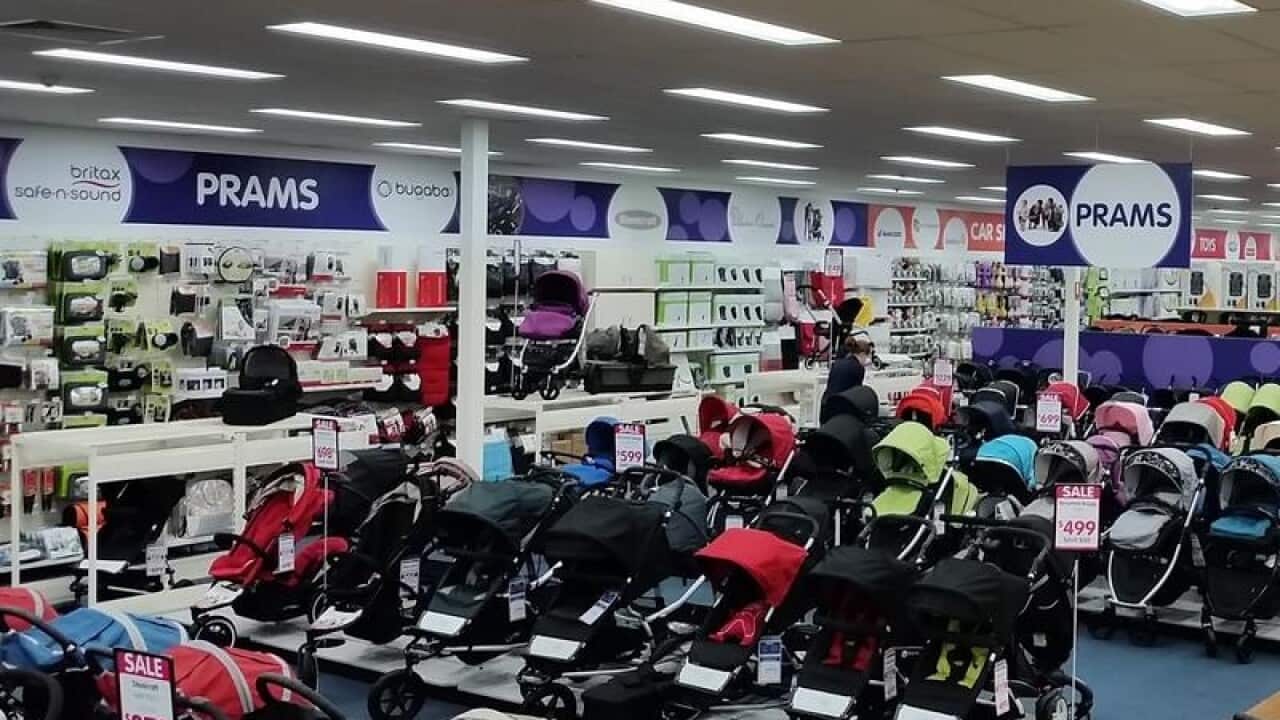 Prams seen in Baby Bunting store.