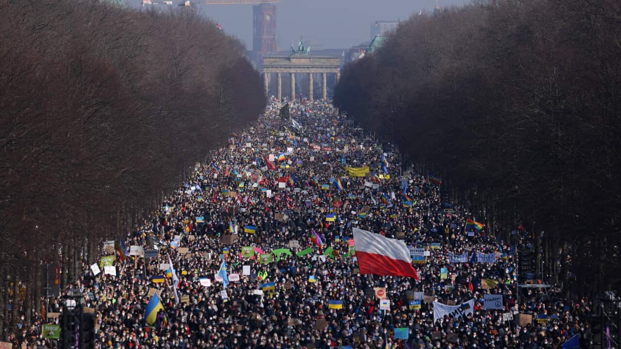 Tens of thousands of people gather in Tiergarten park to protest against Russia's invasion of Ukraine on 27 February, 2022 in Berlin, Germany.