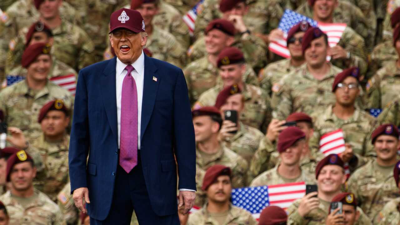 President Donald Trump addresses troops at Fort Bragg