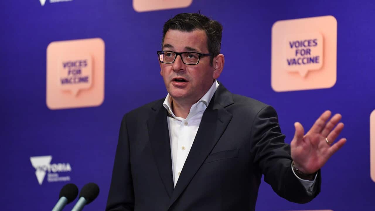 Victorian Premier Daniel Andrews addresses the media during a press conference in Melbourne, Tuesday, October 5, 2021.(AAP Image/James Ross) NO ARCHIVING