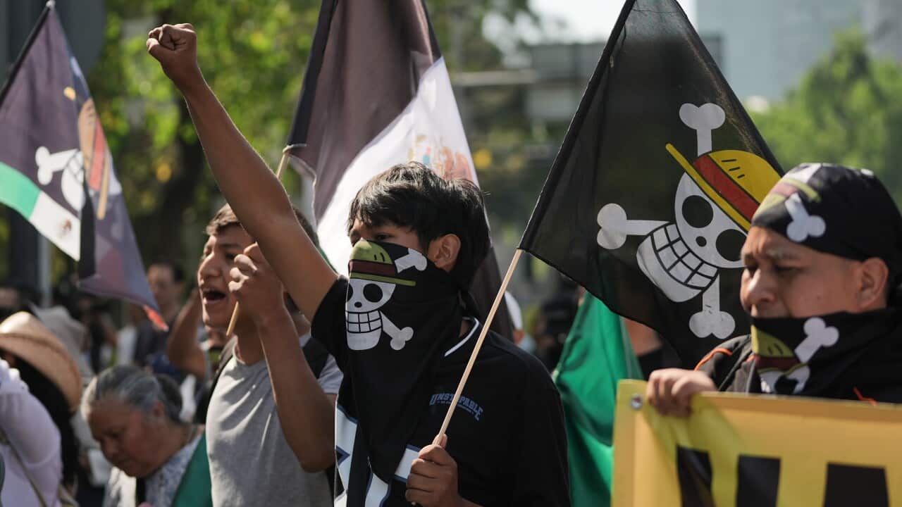 A man holds a flag at a protest
