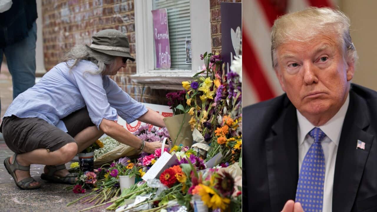 Combo image: A woman places flowers on a makeshift memorial dedicated to Heather Heyer, and US president Donald Trump (R)