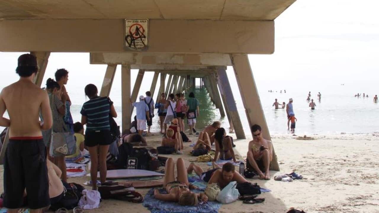 bheachgoers under Glenlg jetty in Adelaide