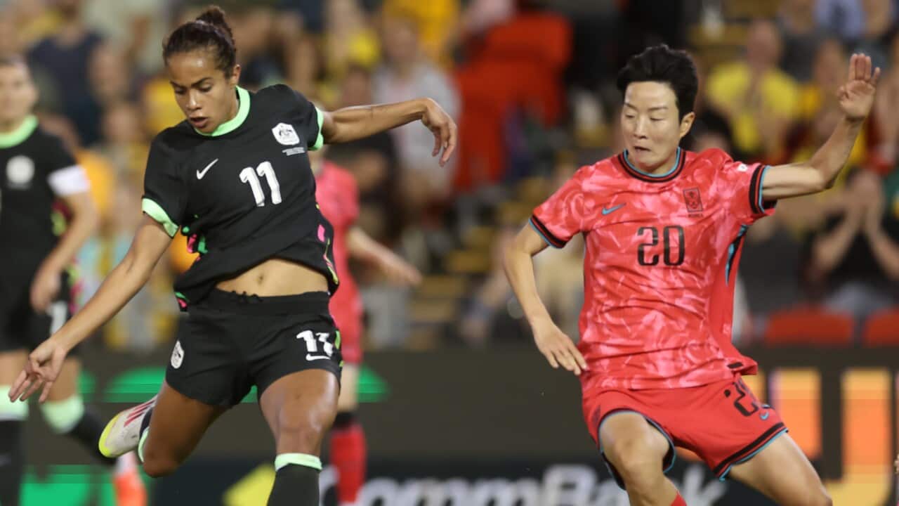 Two female soccer players, one kicking ball