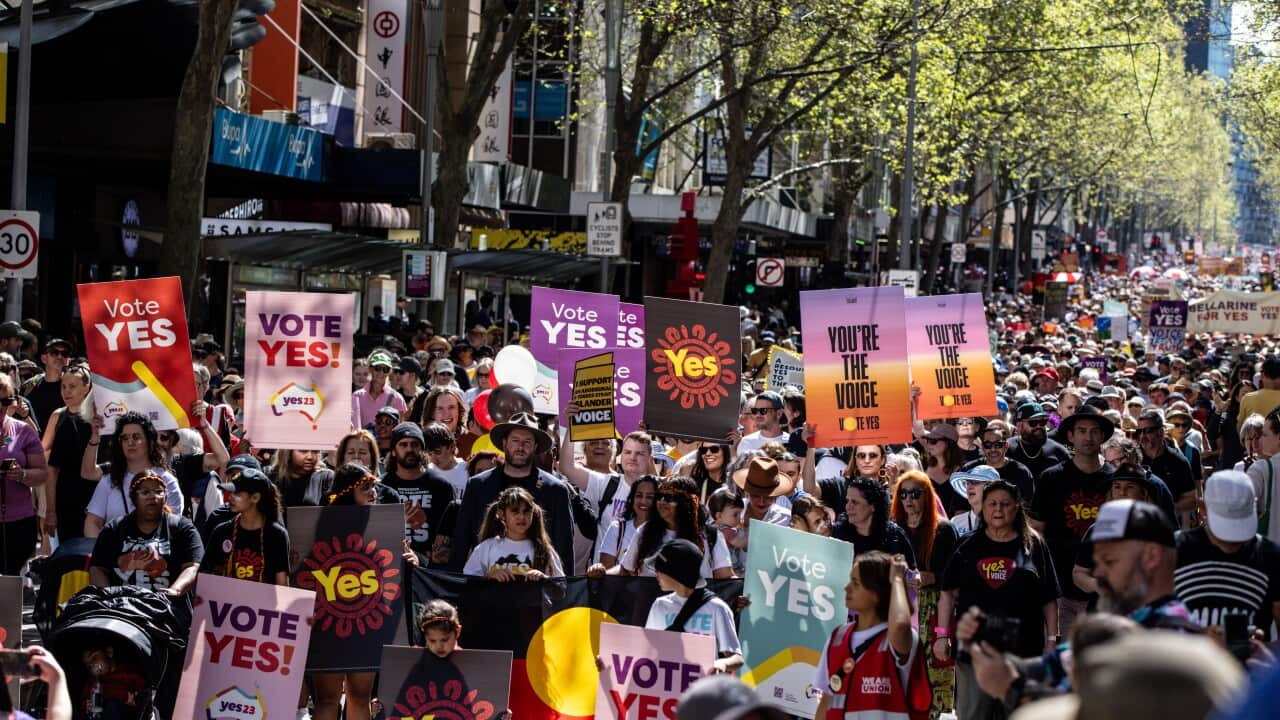 Crowd of people holding 'Vote Yes' signs march in streets