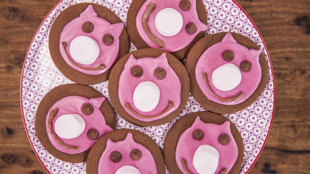 Seven round, flat chocolate biscuits, decorated with icing to form pink pig's faces, sit on a patterned plate.