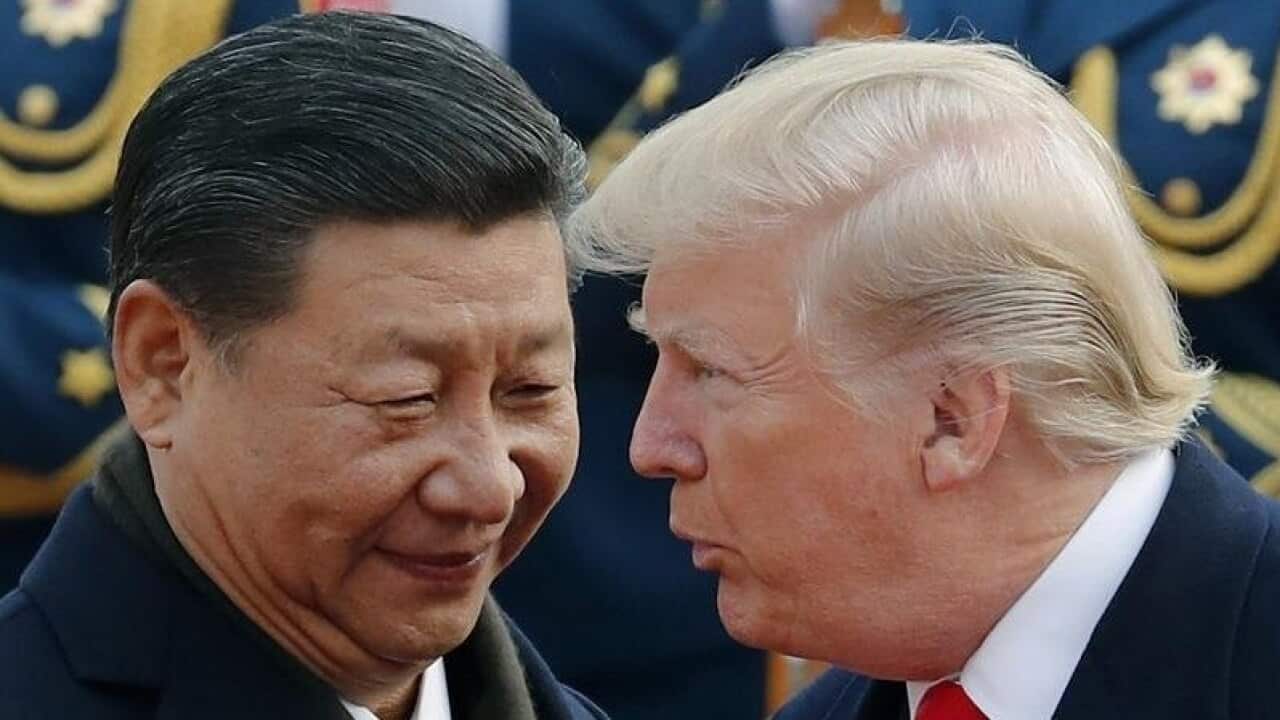Donald Trump, on the right, is whispering into Xi Jinping's ears.