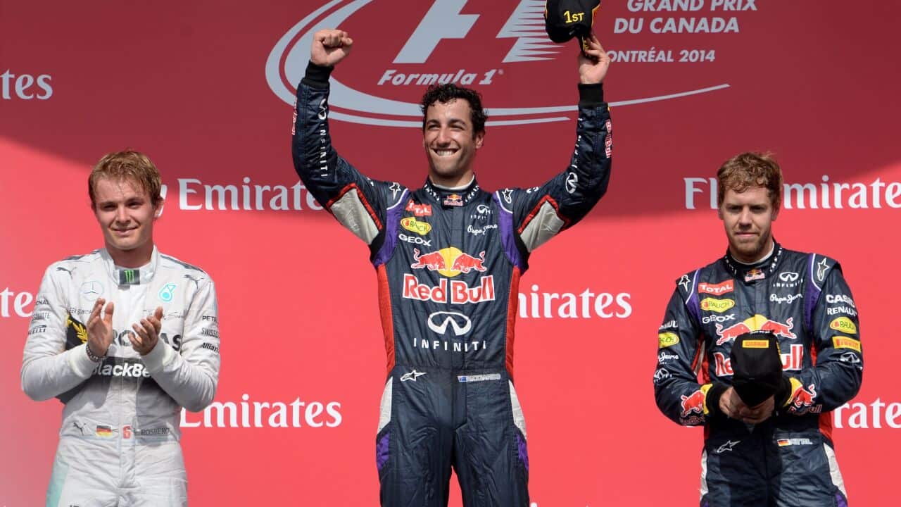 Red Bull driver Daniel Ricciardo of Australia celebrates after winning the Canadian Formula One Grand Prix at the Circuit Gilles Villeneuve in Montreal on June 8, 2014 (AFP)