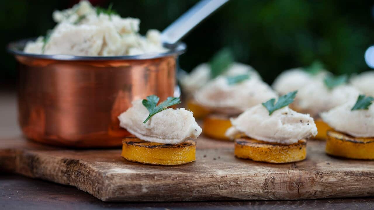 Salt cod mousse on polenta crostini