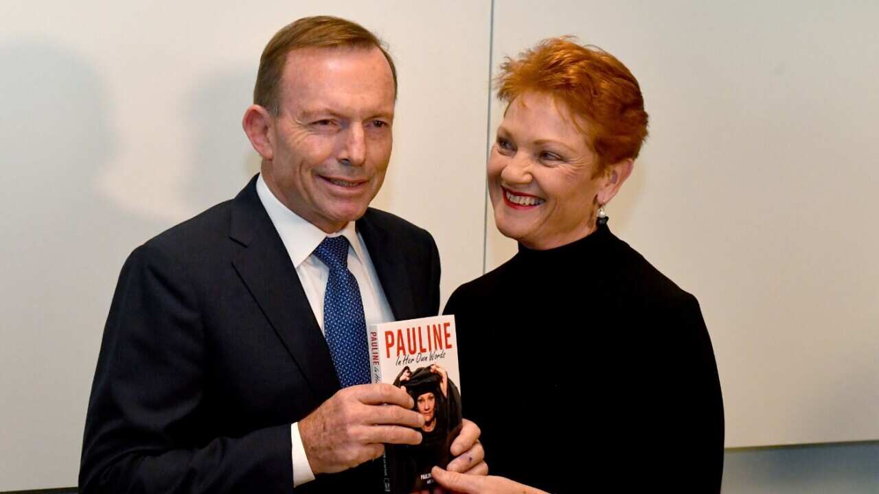 One Nation leader Senator Pauline Hanson and former prime minister Tony Abbott at the launch of her book "Pauline, In Her Own Words"