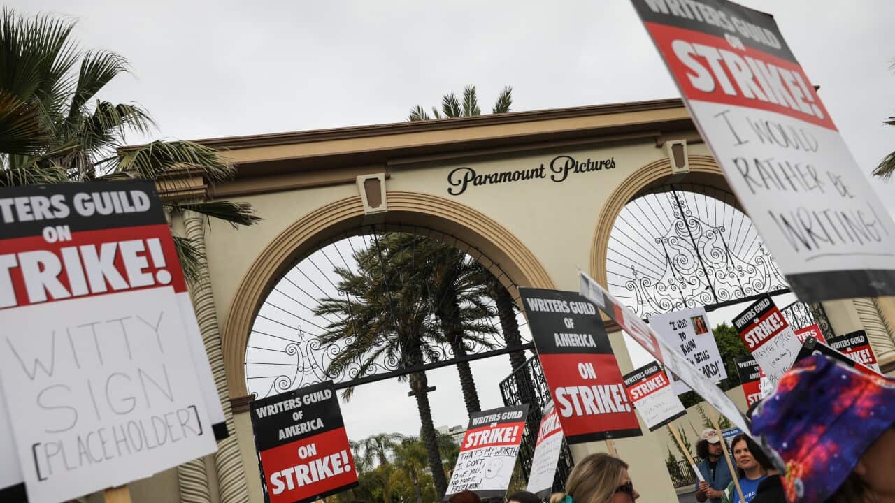 The WGA strike, picketers in front of Paramount Studios in Los Angeles, CA