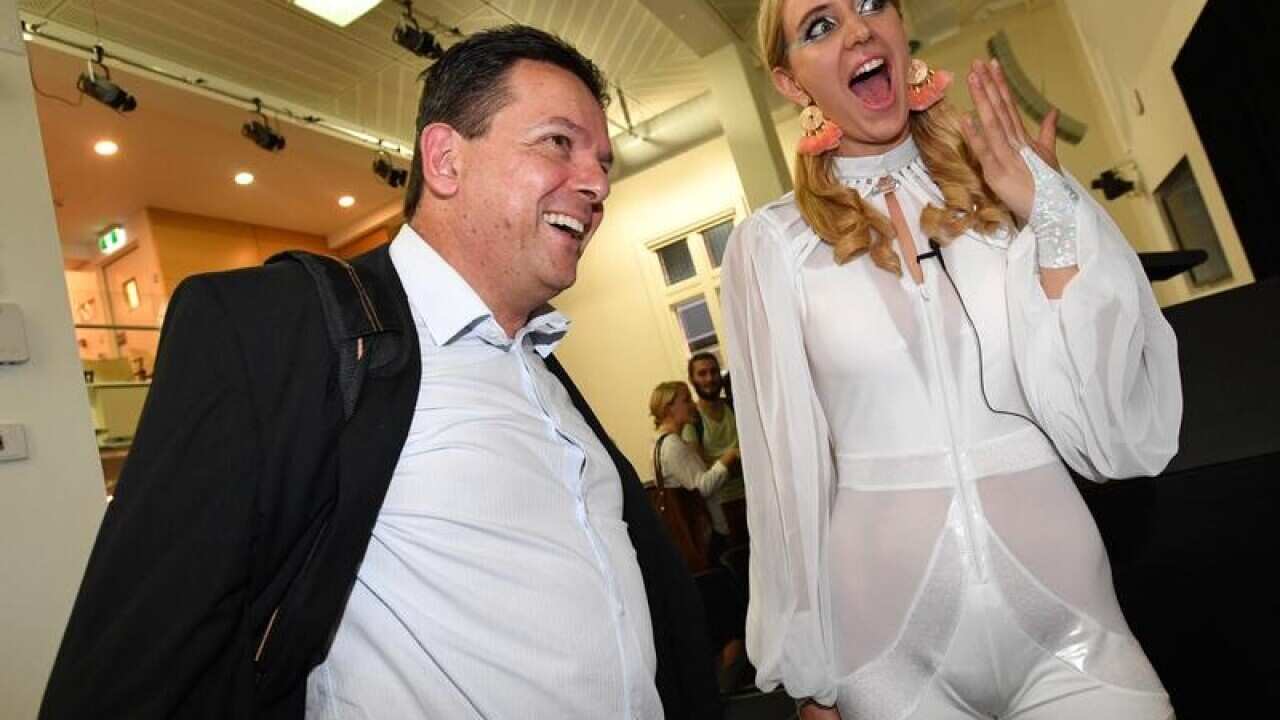 Nich Xenophon (L) with Adelaide fringe artist Anya Anastasia