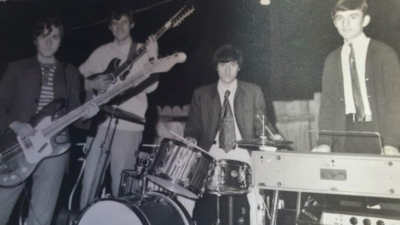 Four members of band "Perpetual Motion" in 1968