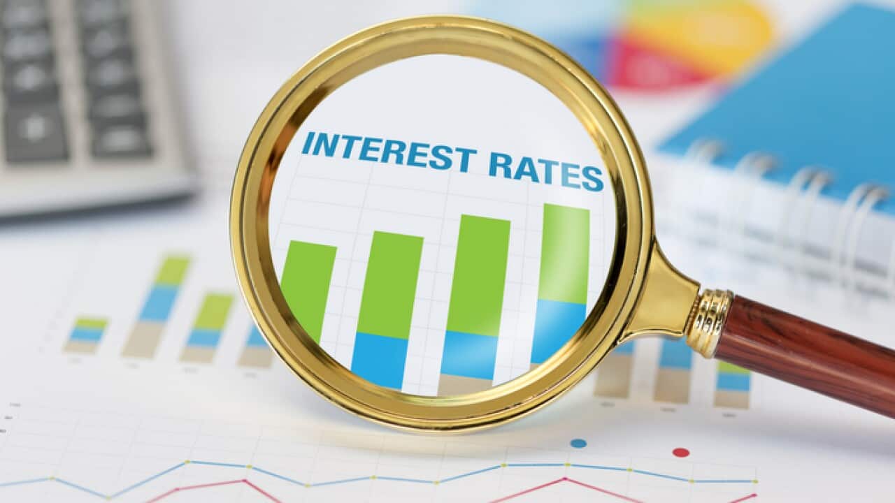 Magnifying glass and calculator on interest rates graph
