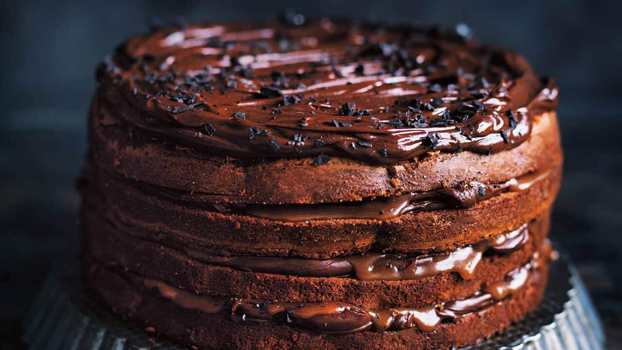 Chocolate fudge and salted caramel layer cake
