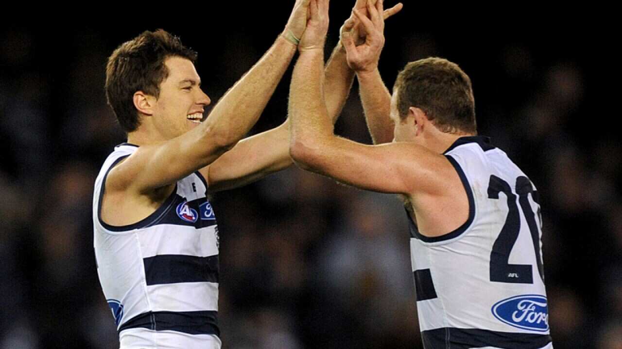 Geelong players celebrate.