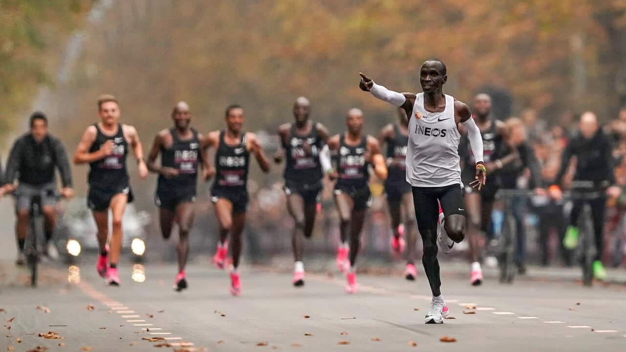 Eliud Kipchoge nears the finishing line in his historic sub two-hour marathon attempt
