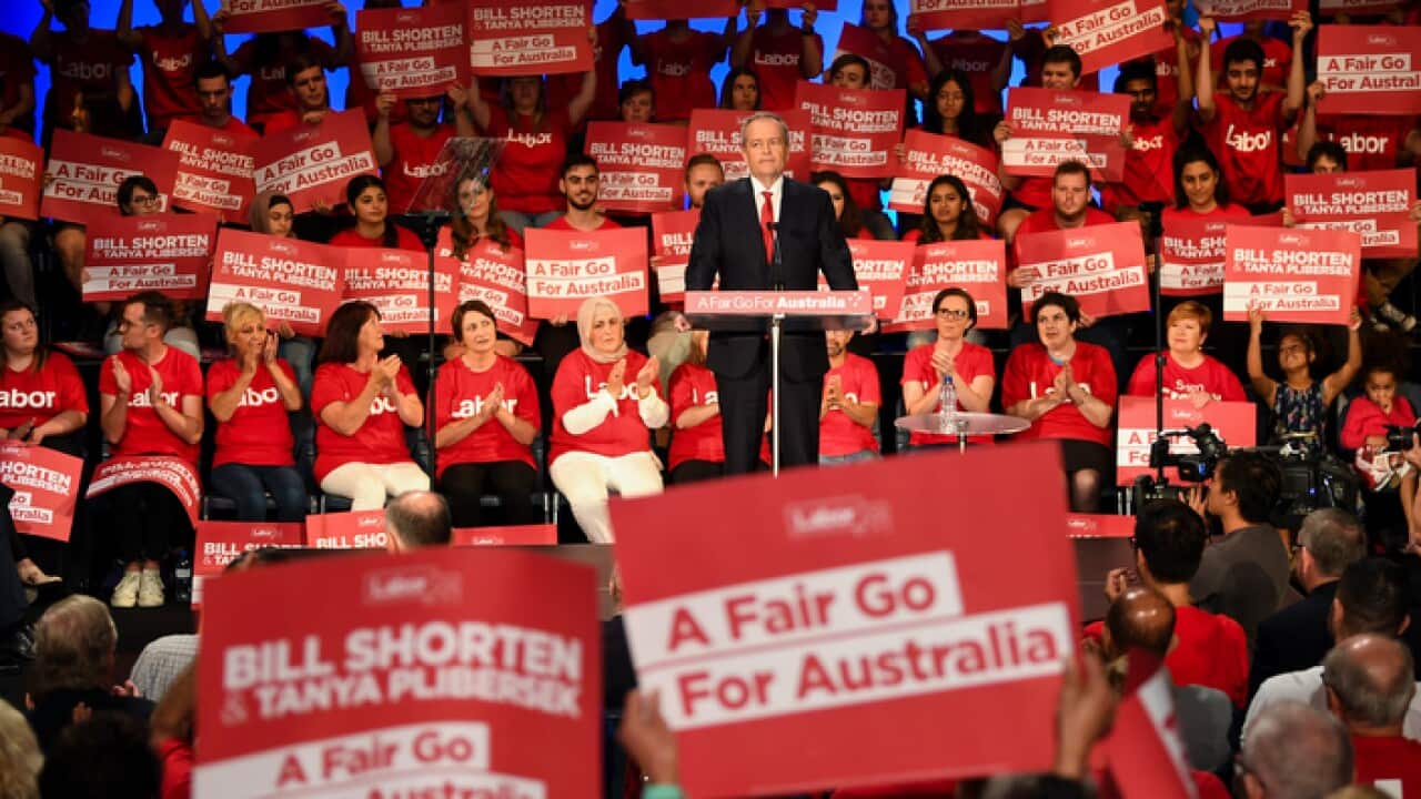 Labor party volunteers listen to Australian Opposition Leader Bill Shorten in Sydney