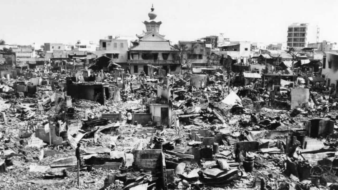 A large section of rubble is all that remains in this one block square area of Saigon on Feb. 5, 1968.