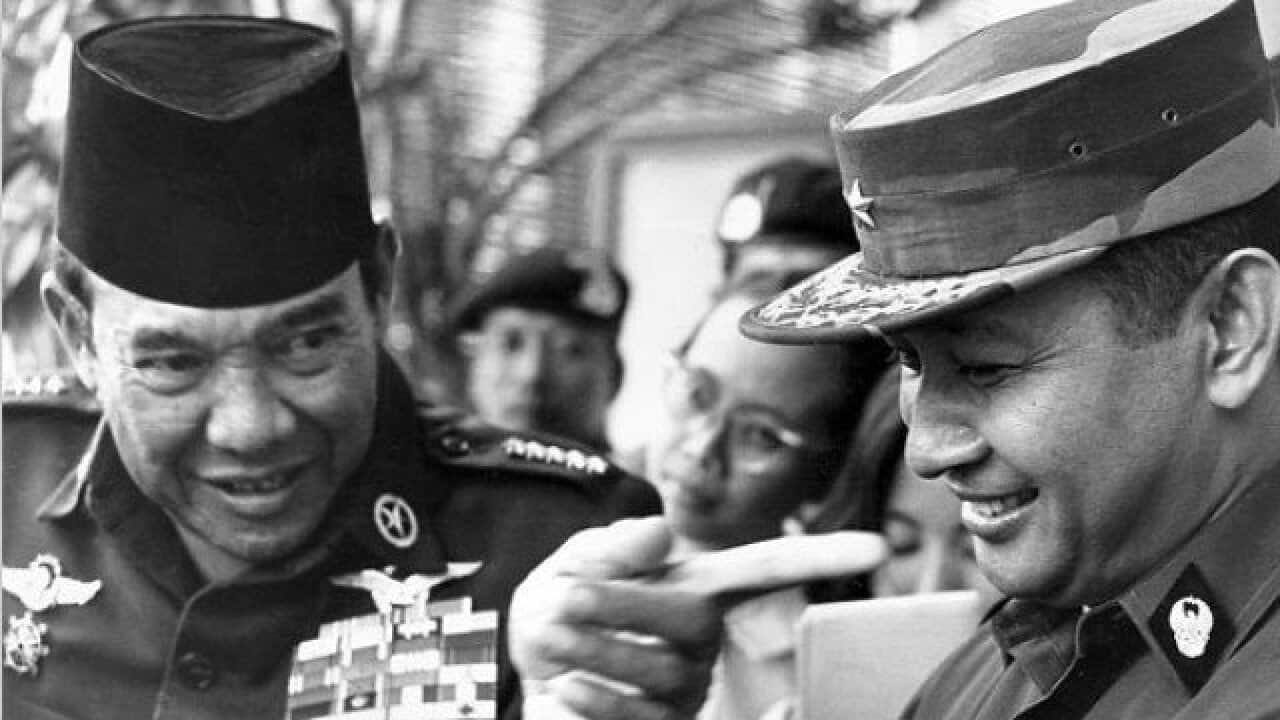 President Sukarno (left) and General Suharto, just months before Suharto took over and there were mass killings, 1965 - AFP.