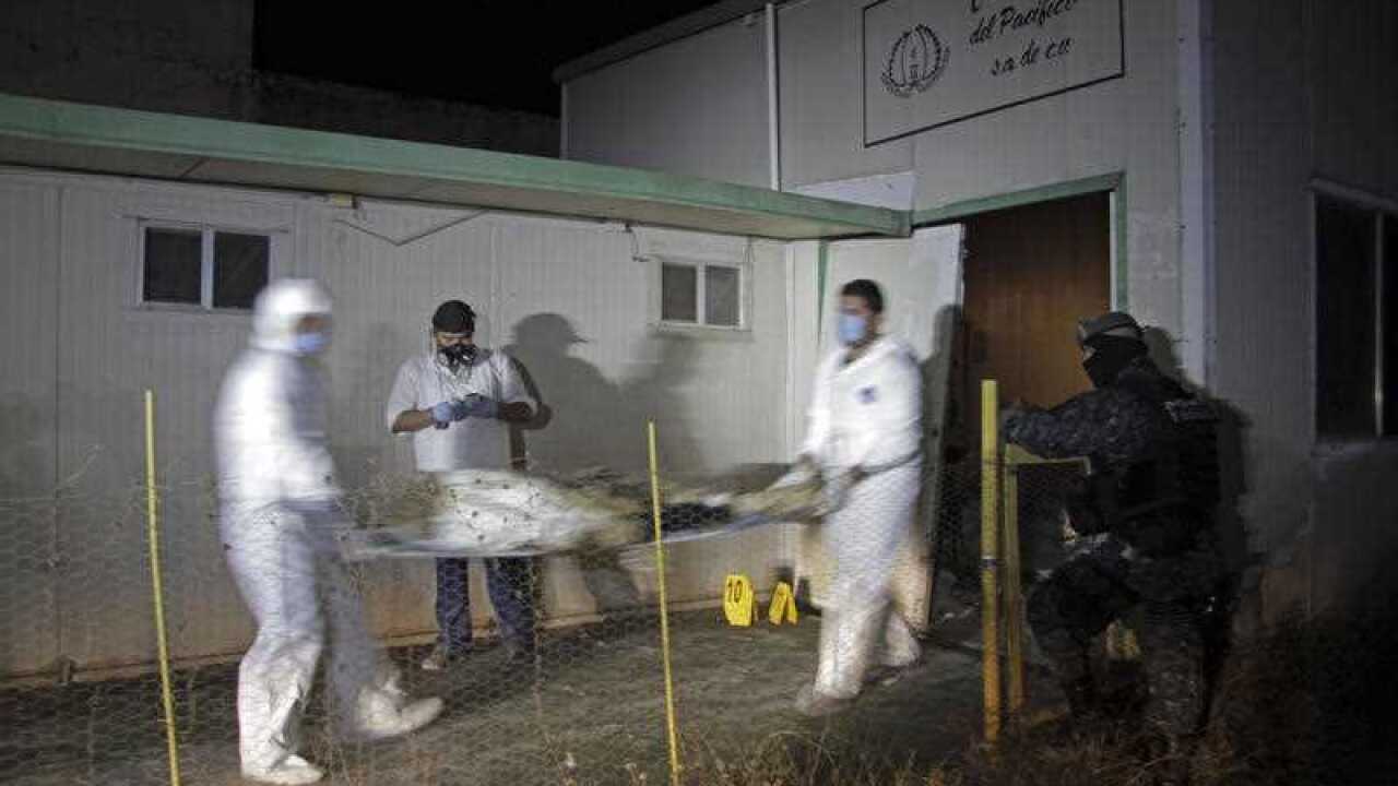 Forensic workers remove a body found at the crematorium of an abandoned funeral home near Acapulco, Mexico, early Friday Feb. 6, 2015. (AAP)