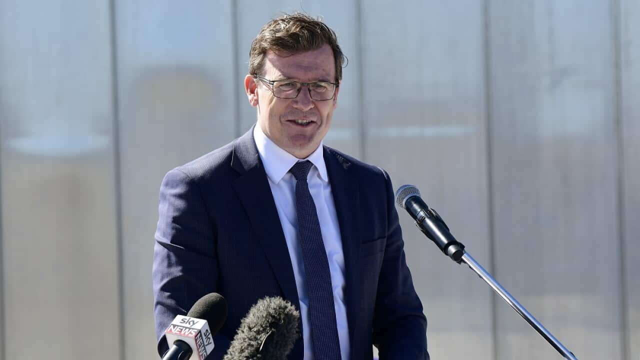 Minister for Population, Cities and Urban Infrastructure Alan Tudge gives a speech during the official opening of the Western Sydney International Experience Centre, Luddenham, NSW, Monday, September 2, 2019. ( AAP Image/Bianca De Marchi) NO ARCHIVING