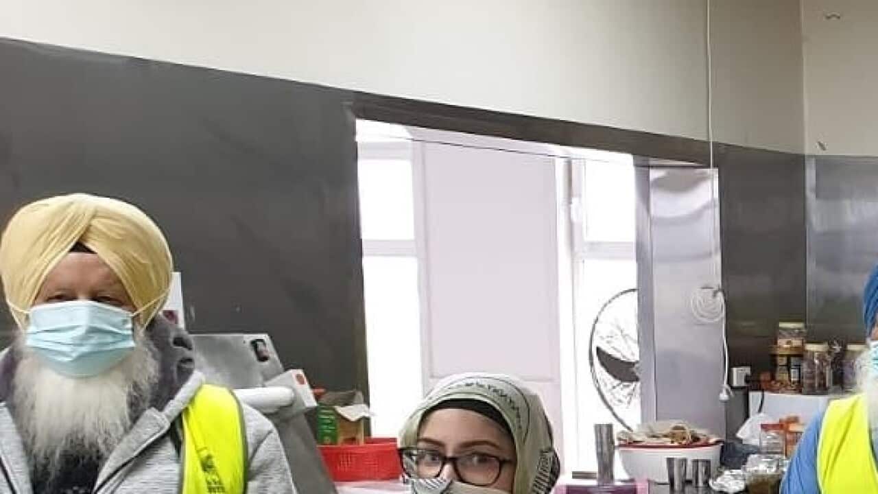 A team of Sikh volunteers preparing meals at a community kitchen in Melbourne's south-east.