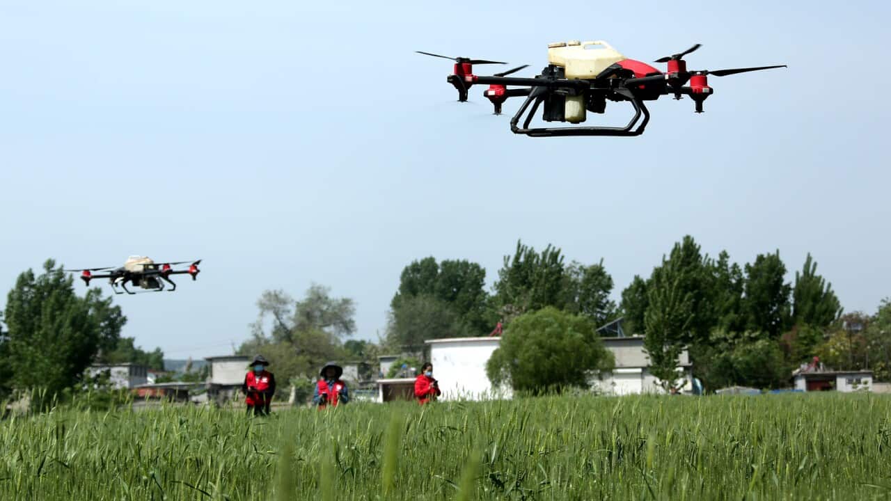 A drone flies in China