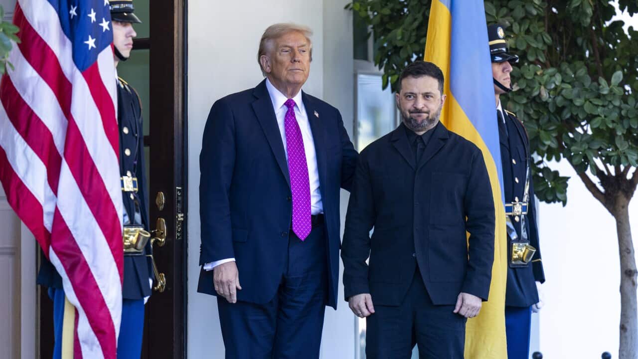 US President Donald Trump (L) greets Ukrainian President Volodymyr Zelensky as he arrives at the West Wing of the White House in Washington, DC, USA, 17 October 2025.