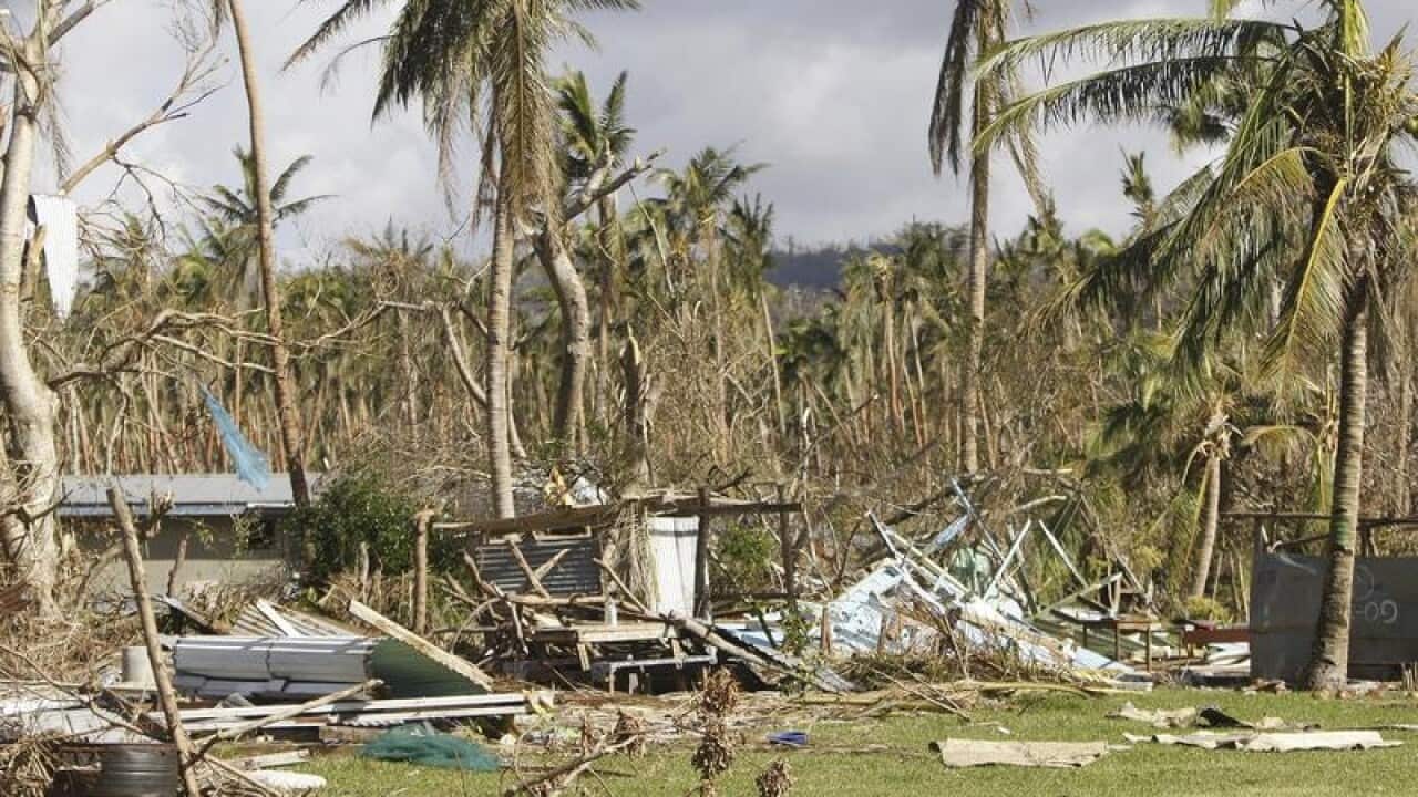 Homes and trees flattened by Cyclone Pam