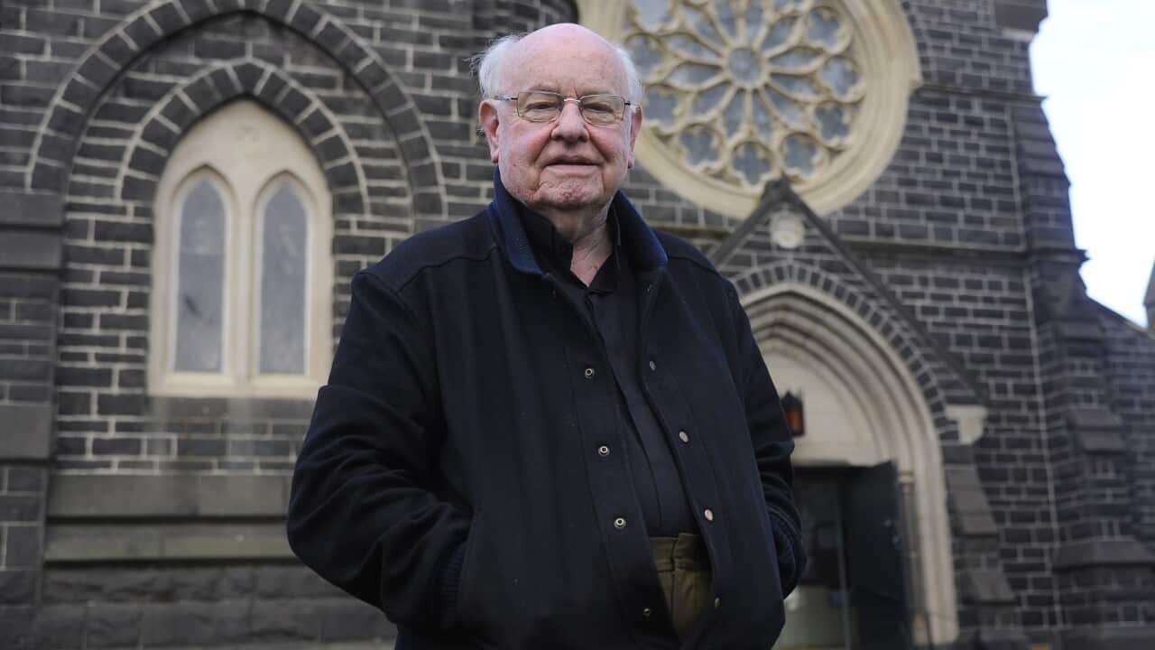 Father Bob Maguire on the grounds of his South Melbourne parish in 2009.
