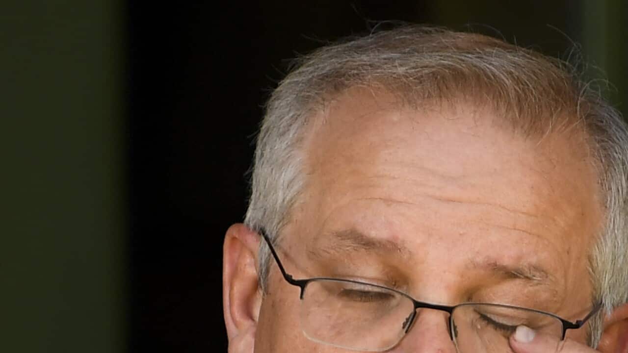 Prime Minister Scott Morrison speaks to the media during a press conference at the Lodge in Canberra, Thursday, October 7, 2021. (AAP Image/Lukas Coch) NO ARCHIVING