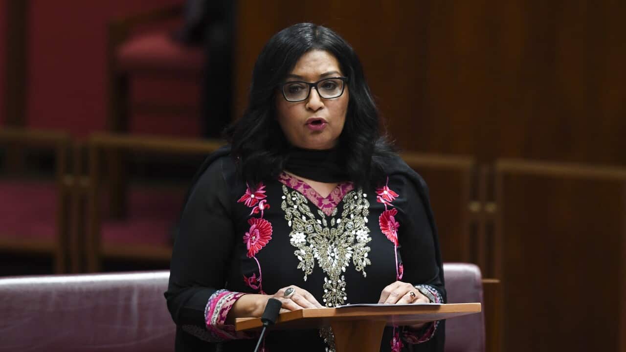 Australian Greens Senator Mehreen Faruqi standing behind a lectern in the Senate