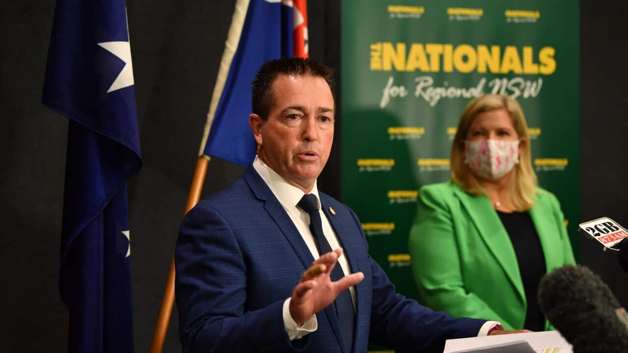 Newly elected NSW Nationals Leader Paul Toole (left) and deputy leader Bronnie Taylor speak to the media at Parliament House.