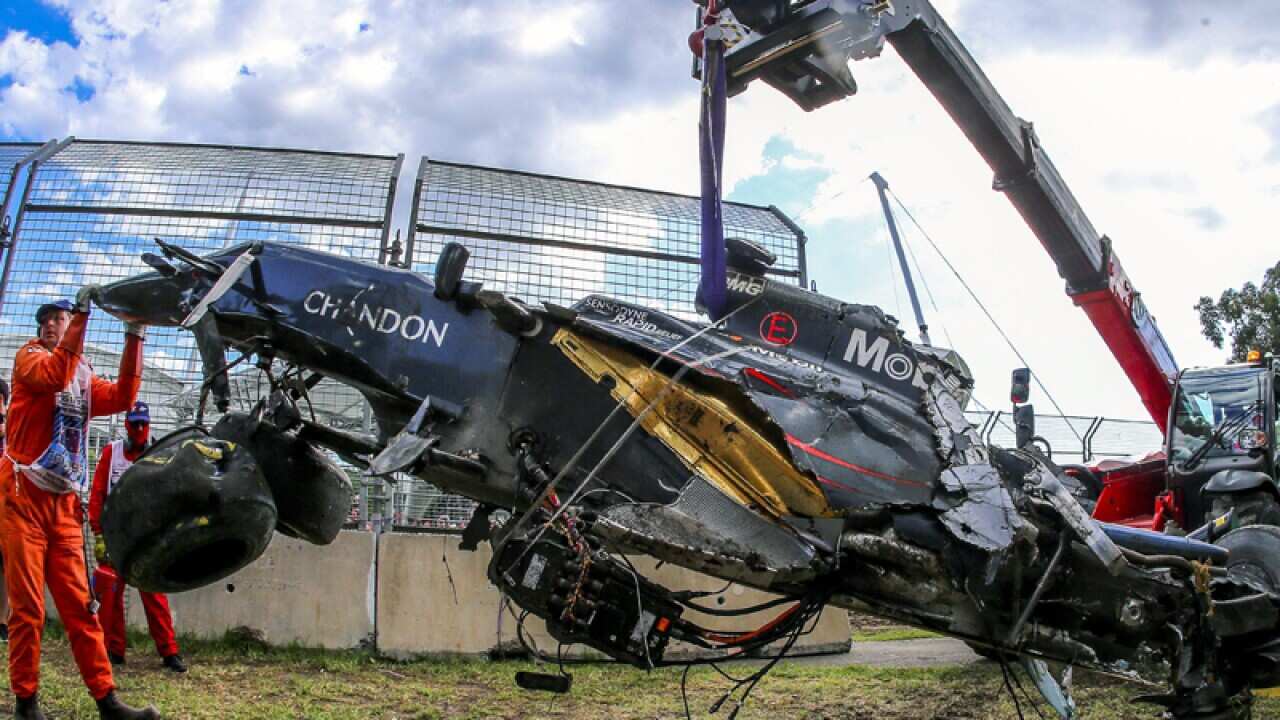 The demolished car of Spanish Formula One driver Fernando Alonso