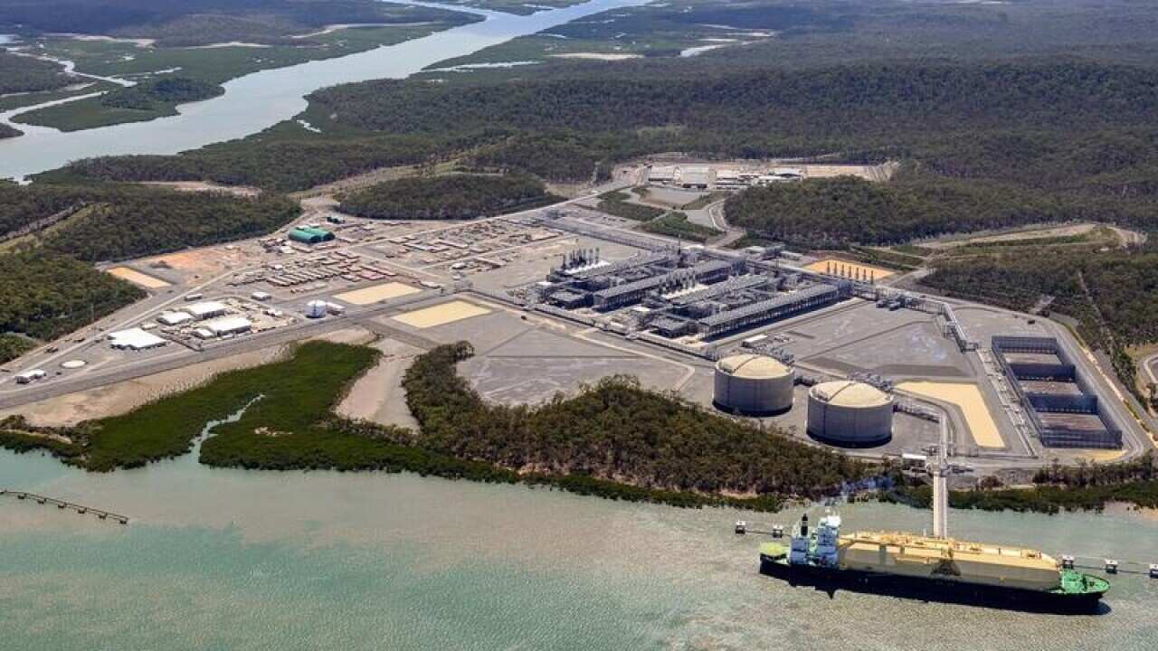Aerial pic: tanker at Origin Energy LNG facility at Curtis Island, QLD