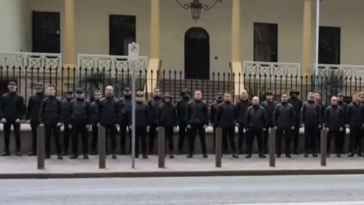 A group of black-clad men stand with their arms by their side in front of the NSW Parliament (SBS).