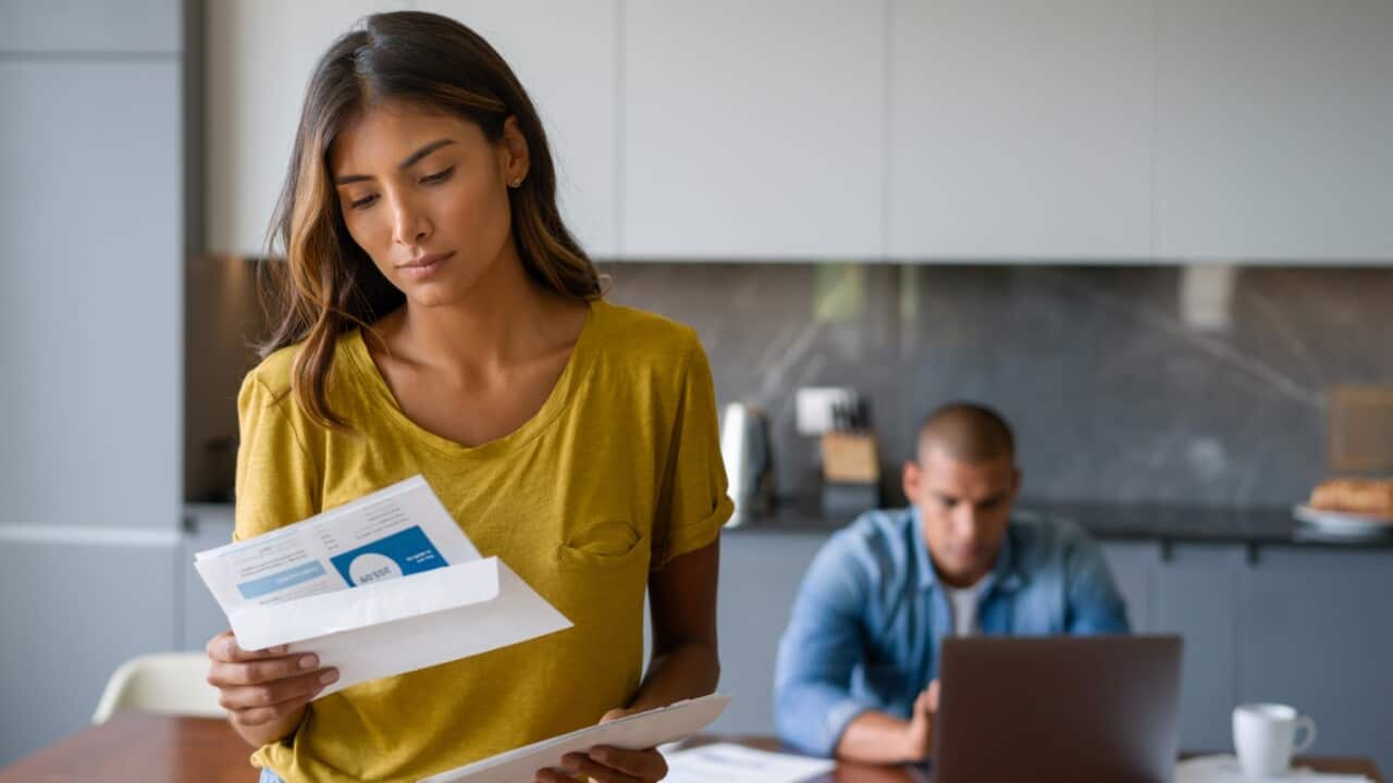 Woman at home looking worried getting bills in the mail