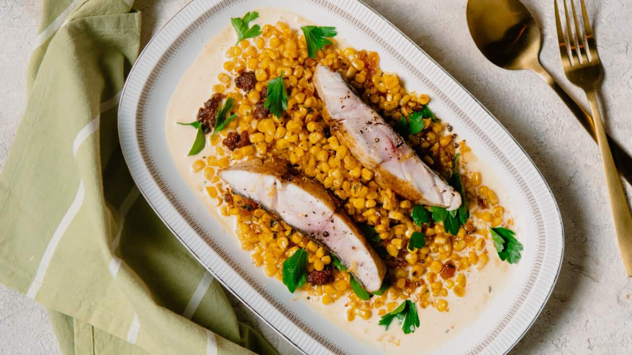 Pan-fried blue eye with corn and nduja pangrattato