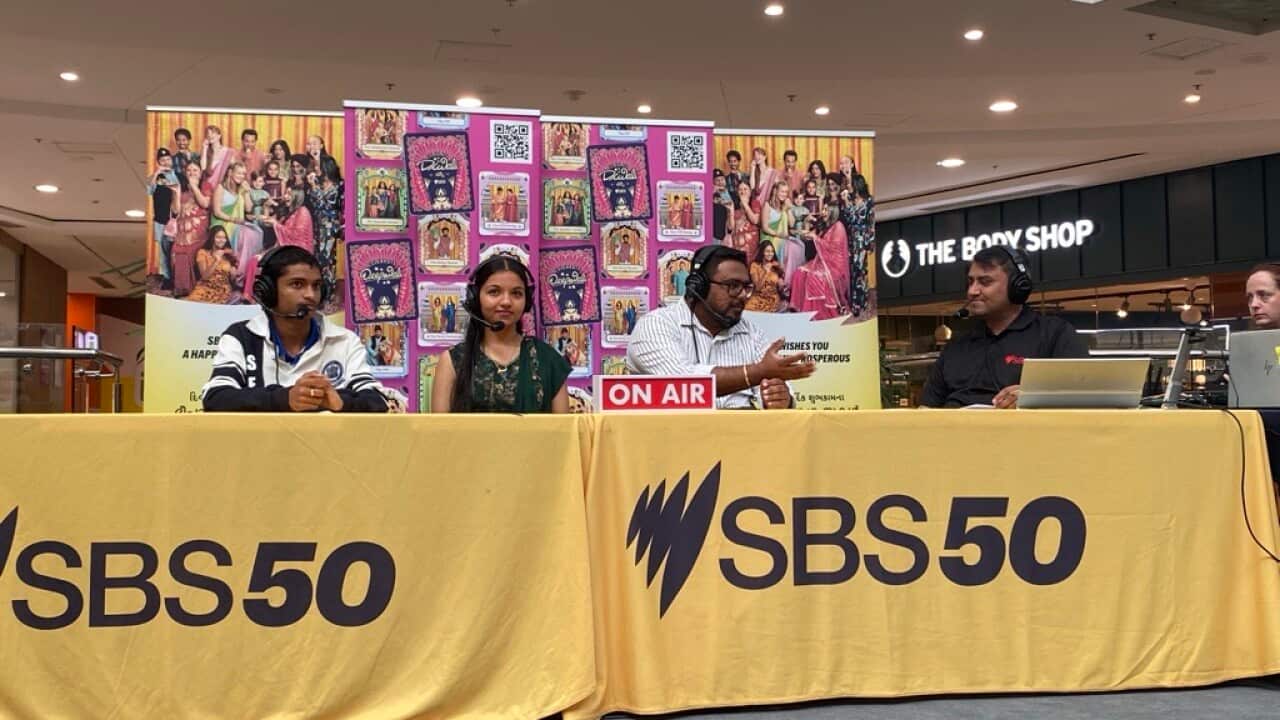 Rudra, Jansi, and Anant Patel talk about celebrating Indian festivals in Cairns with SBS Gujarati Executive Producer Vatsal Patel during the special outdoor broadcast at Cairns Central Shopping Centre on Thursday, October 9, 2025. Credit: SBS