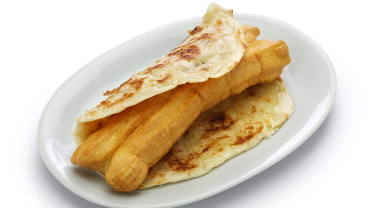 shaobing youtiao, chinese cruller in layered flatbread, taiwanese food