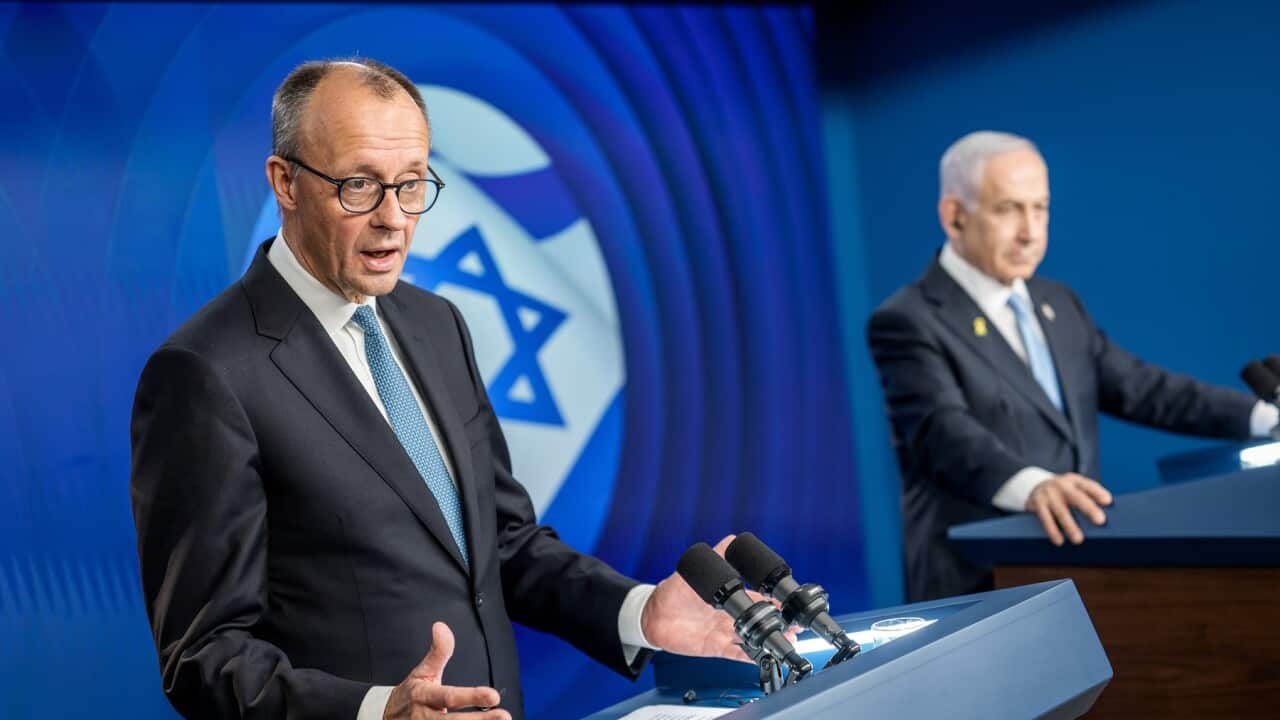 German Chancellor Friedrich Merz speaks next to Benjamin Netanyahu (AAP)